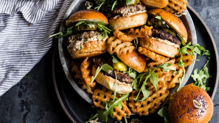 Beef Sliders with Sun-Dried Tomato Mayo and Spicy Pickles